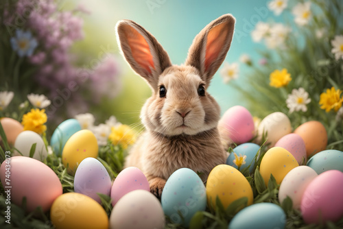 A cute rabbit with colorful Easter eggs