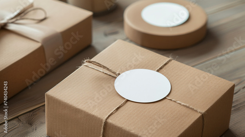 Round sticker mockup on gift box.