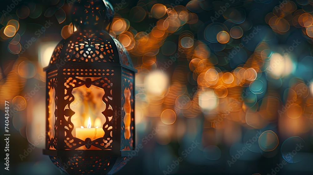 Muslim Holy Month Ramadan Kareem - Ornamental Arabic Lantern With Burning Candle And Bokeh Glowing At Evening - Eid Ul Fitr - generative ai - obrazy, fototapety, plakaty 