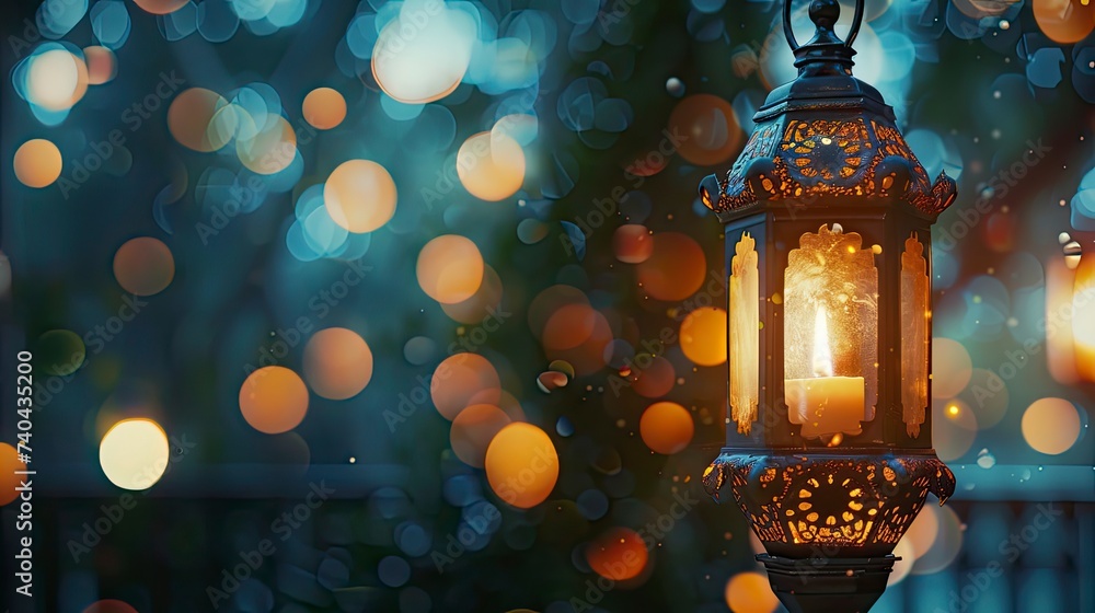 Muslim Holy Month Ramadan Kareem - Ornamental Arabic Lantern With Burning Candle And Bokeh Glowing At Evening - Eid Ul Fitr - generative ai Muslim Holy Month Ramadan Kareem - Ornamental Arabic Lantern With Burning Candle And Bokeh Glowing At Evening - Eid Ul Fitr - generative ai