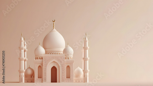 3D mosque in light salmon color with light salmon color background with copy space