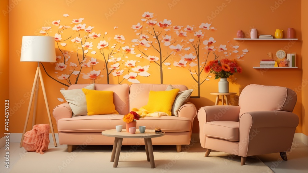 A cheerful nursery with vibrant coral walls and sunny yellow accents, featuring whimsical wall decals and plush toys, creating a bright and playful environment for the little one to explore and grow - obrazy, fototapety, plakaty 