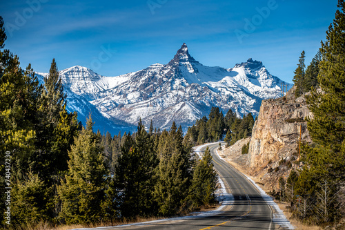 chief Joseph highway and a view of Pilot and index peak in the winter
