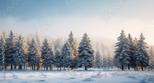 Pine tree, Evergreen Christmas tree, Winter landscape with snow-covered trees, mountains, and clear skies, perfect for skiing and Christmas festivities