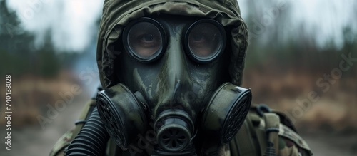 Post-apocalyptic survivor wearing a gas mask in an abandoned urban landscape photo