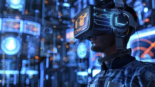 a man wearing VR headset, in a game zone, animated