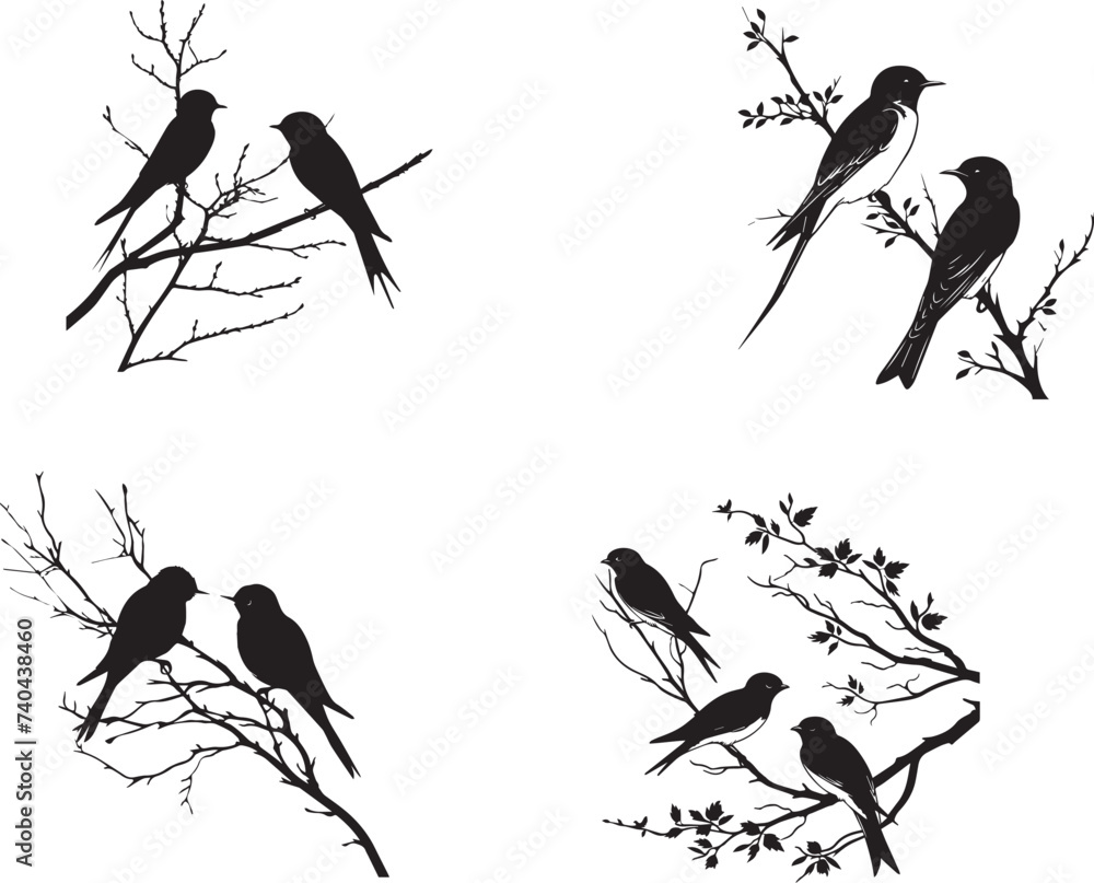 Fototapeta premium Set of Swallow Birds on branch black silhouette on white background