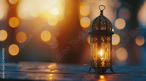 Muslim Holy Month Ramadan Kareem - Ornamental Arabic Lantern With Burning Candle And Bokeh Glowing At Evening - Eid Ul Fitr - generative ai