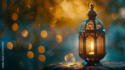Muslim Holy Month Ramadan Kareem - Ornamental Arabic Lantern With Burning Candle And Bokeh Glowing At Evening - Eid Ul Fitr - generative ai © Nia™