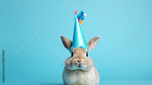 Funny rabbit with birthday party hat on blue background.