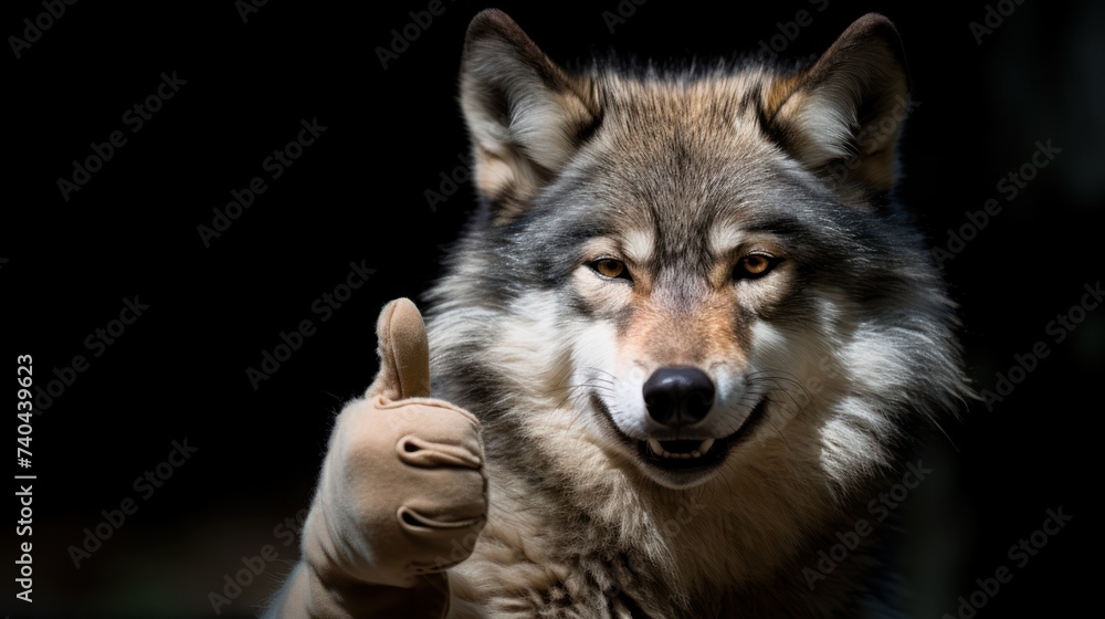 Portrait of friendly wolf making thumbs up. Portrait of friendly wolf making thumbs up.