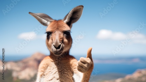 Portrait of friendly kangaroo making thumbs up. photo