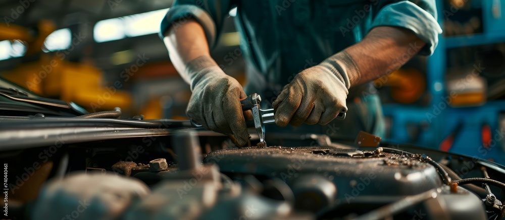 Mechanic working diligently on repairing engine of a car in an automotive workshop Mechanic working diligently on repairing engine of a car in an automotive workshop