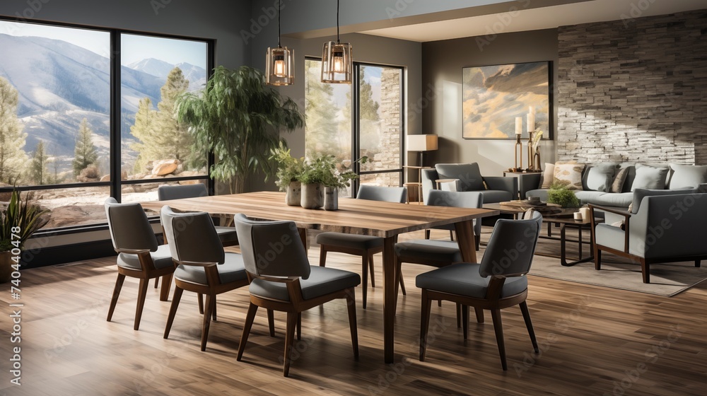 A contemporary dining room with pale ivory upholstered chairs and a deep slate gray accent wall A contemporary dining room with pale ivory upholstered chairs and a deep slate gray accent wall