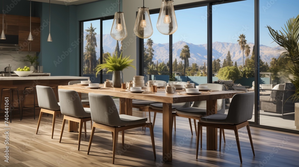Obraz premium A contemporary dining room with warm white upholstered chairs and a twilight blue accent wall