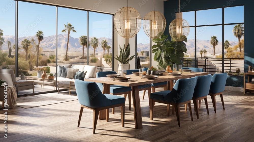 Fototapeta premium A contemporary dining room with warm white upholstered chairs and a twilight blue accent wall