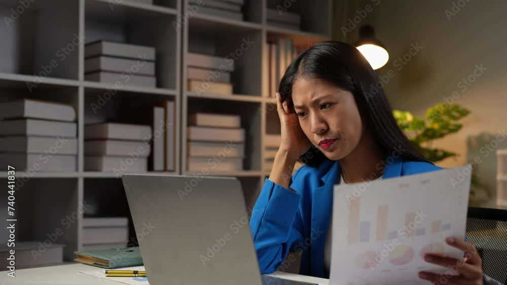 A tired businesswoman has a headache, and eyestrain, is stressed out with paperwork, online work, unsuccessful business negotiations, sleepiness, and sitting for a long time. Have office syndrome. A tired businesswoman has a headache, and eyestrain, is stressed out with paperwork, online work, unsuccessful business negotiations, sleepiness, and sitting for a long time. Have office syndrome.