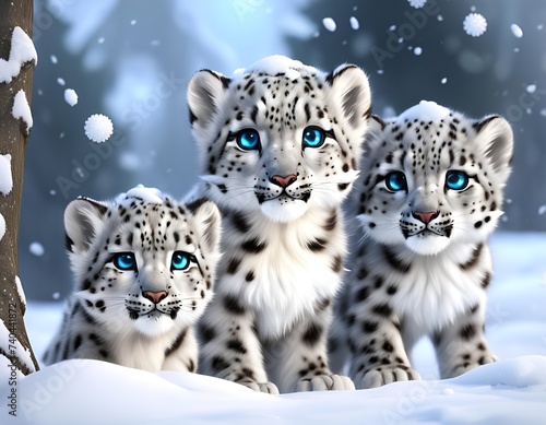 Playful Baby Snow Leopard in Winter Wonderland