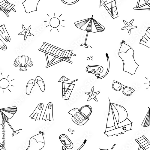 Seamless monochrome pattern on theme of summer beach holidays. Background with umbrella, scuba gear, swimsuit and cocktail