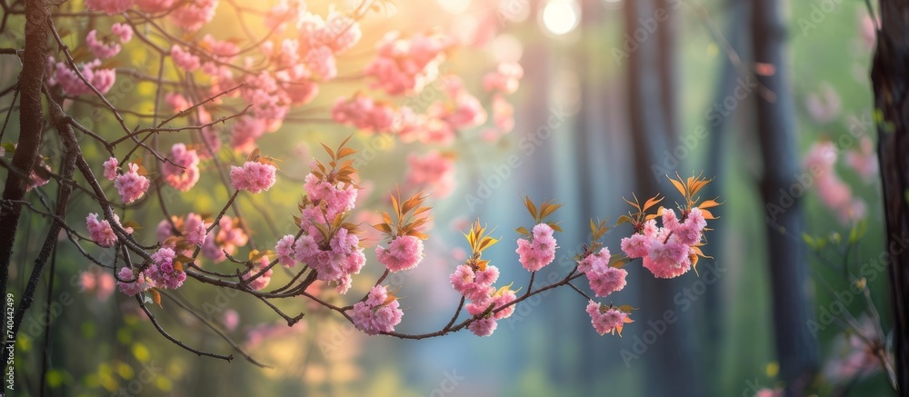 A terrestrial plant with magenta petals blooming on a tree branch in the forest, with sunlight filtering through the trees creating a natural landscape A terrestrial plant with magenta petals blooming on a tree branch in the forest, with sunlight filtering through the trees creating a natural landscape