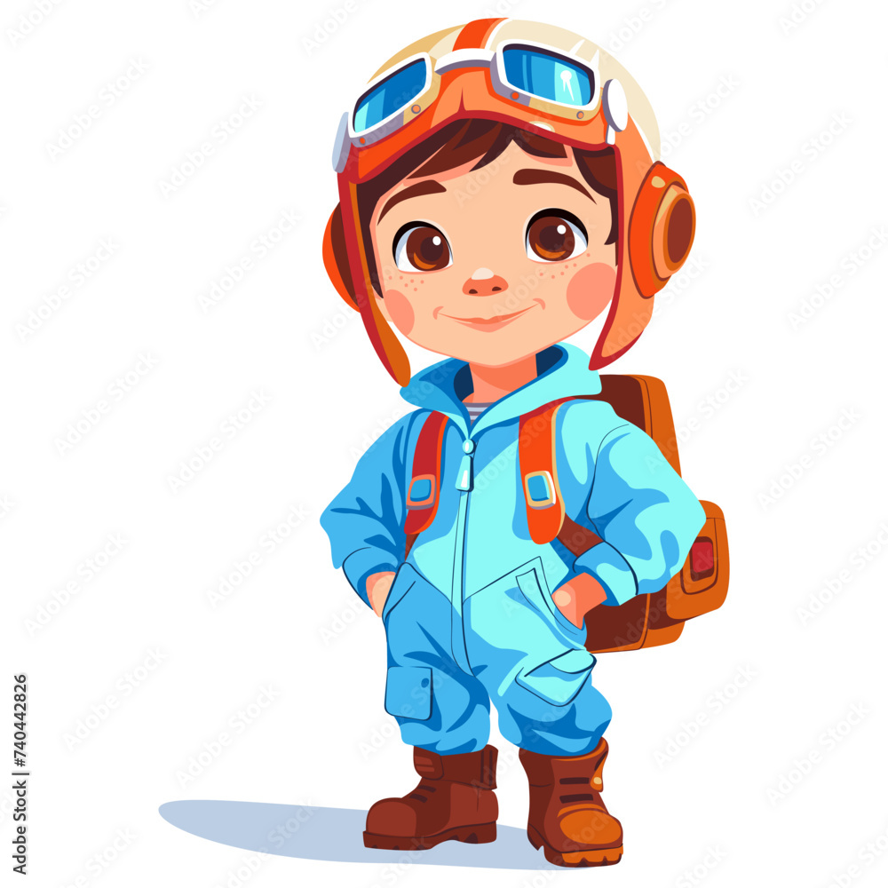 Cartoon kid pilot standing with aviator goggles and happy smiling Cartoon kid pilot standing with aviator goggles and happy smiling