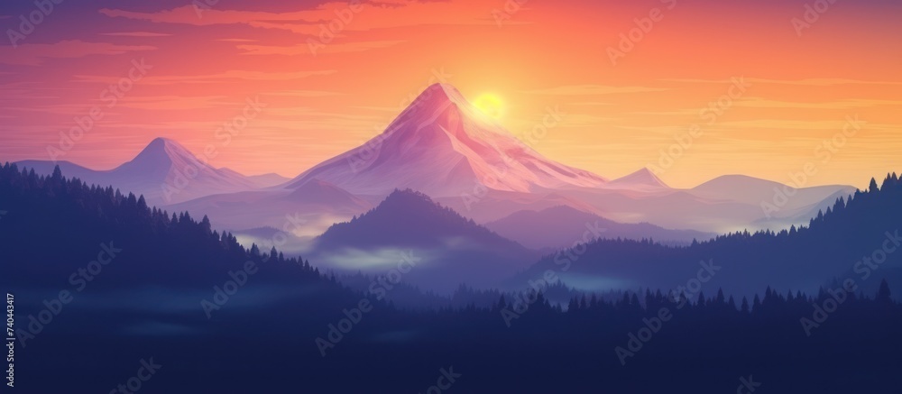 Sunset View of Mountains, Hills, Wilderness with orange light - obrazy, fototapety, plakaty 