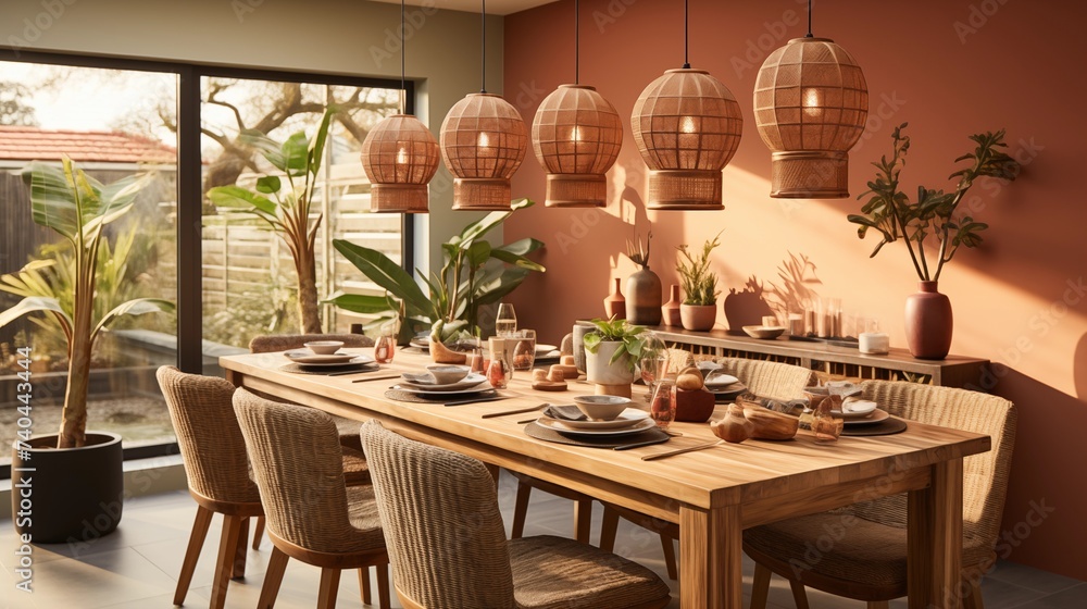 A cozy dining room with earthy terracotta accent wall and warm taupe furnishings