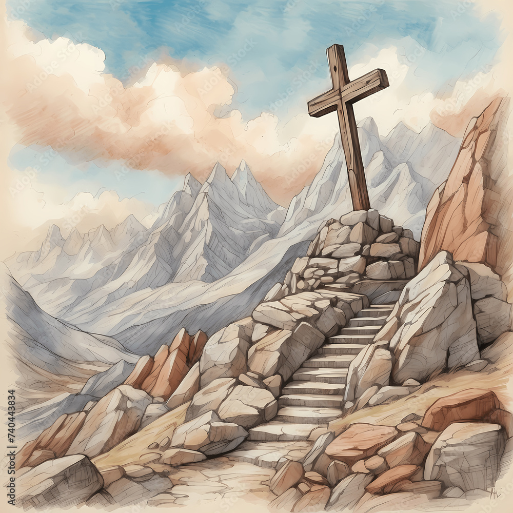 a peaceful mountain pass with a weathered wayside cross standing as a silent sentinel against a backdrop of towering peaks