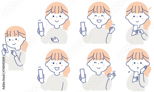 スマホを持っている女性のイラストセット1