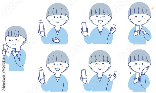 スマホを持っている女性のイラストセット2 