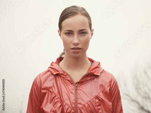 Woman, portrait and fitness outdoor with fog for hiking, exercise and workout in nature with confidence. Athlete, person and face with pride for running, training and sportswear for healthy body