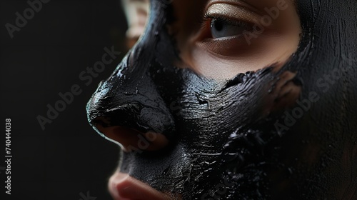 A woman's face is seen up close whilst a brush deploys black charcoal over a dark backdrop and space, Generative AI. photo