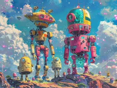 Colorful sparkling robots engaging in a friendly UFO repair competition vibrant colors all around