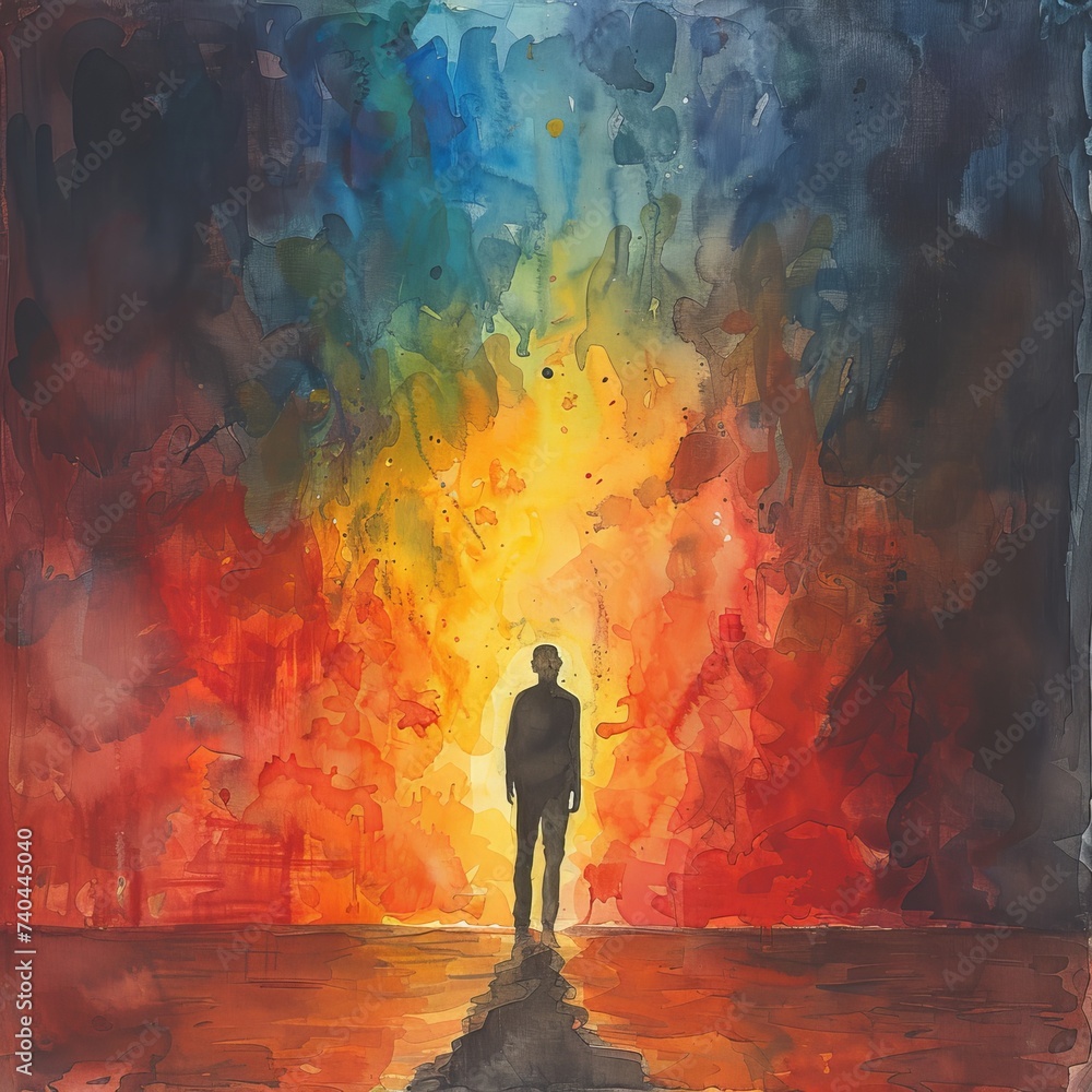 Watercolor depiction of a solitary figure shrouded in darkness surrounded by a psychedelic aura of confusion