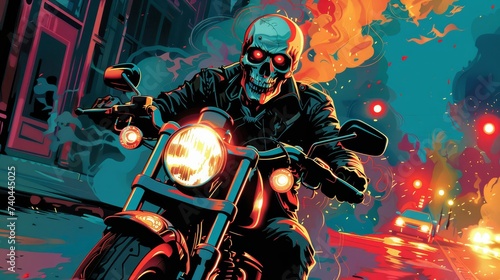 Vector art of a ghost and a skeleton sharing a smoky moment on a vintage motorcycle cool retro vibes