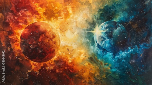 Watercolor vision of cosmic forces at play Earths punch suns slash encapsulated by the brilliance of a big bang