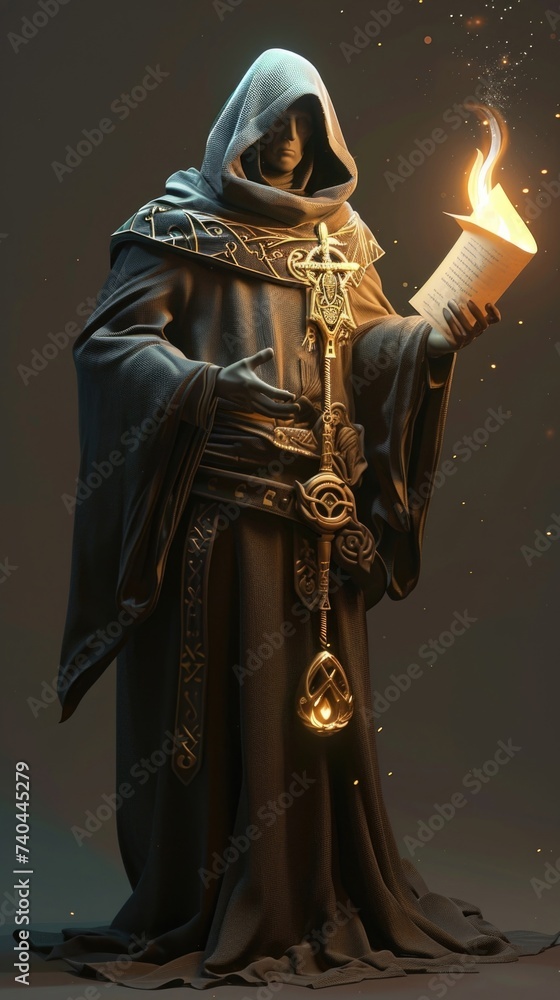 Naklejka premium Cartoon digital avatars of Arcane Librarian Magic Scroll A mystical avatar wearing a robe and holding a glowing scroll.