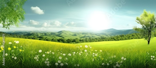 spring dandelion field beautiful green hills background