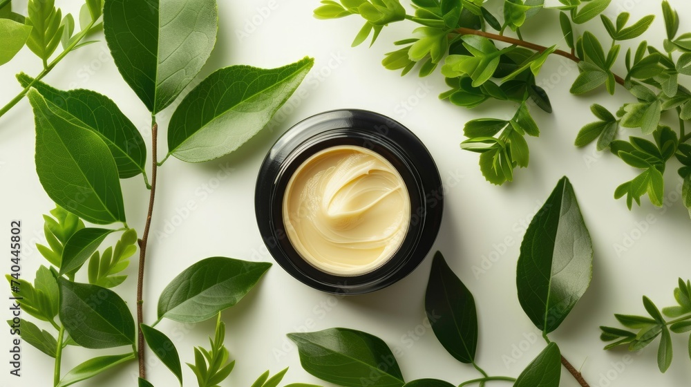 Top view of jar cosmetic waterless cream skincare with thick texture. Waterless self care, chemical free, organic sustainable cosmetic, water-free or anhydrous beauty Top view of jar cosmetic waterless cream skincare with thick texture. Waterless self care, chemical free, organic sustainable cosmetic, water-free or anhydrous beauty