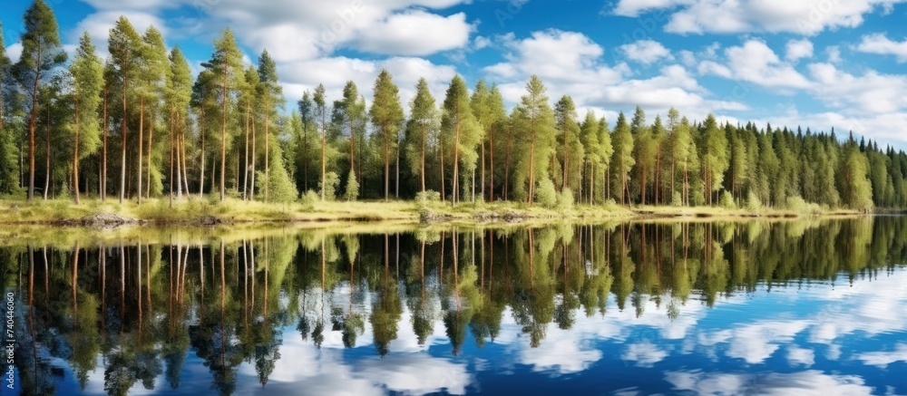 Fototapeta premium Pine forest, with a bright blue sky reflected in the calm water.
