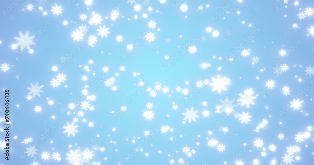 Christmas festive bright New Year background made of white glowing winter beautiful falling flying snowflakes patterns on a blue background
