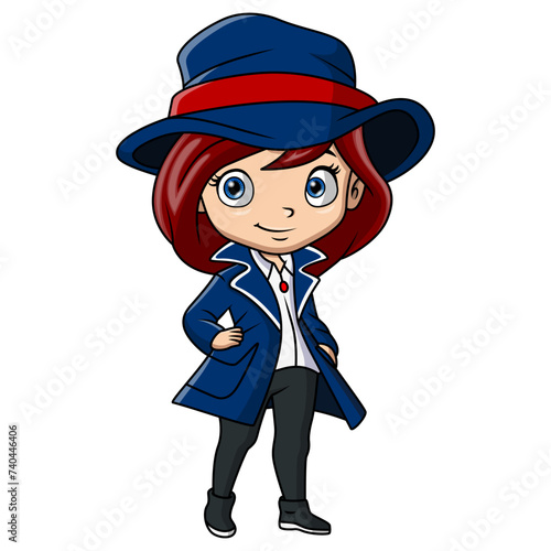Cute detective girl cartoon on white background