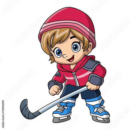 Cute little boy cartoon playing ice hockey