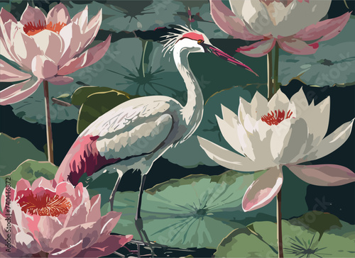 Abstract illustration of a white red-headed crane on a background of pink and cream lotuses. Seamless vector floral pattern. Simple square repeating design for fabric and wallpaper