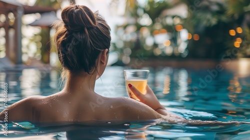 Back view of a woman in swimming pool with a juice glass enjoying scenery with a big empty space, Generative AI.