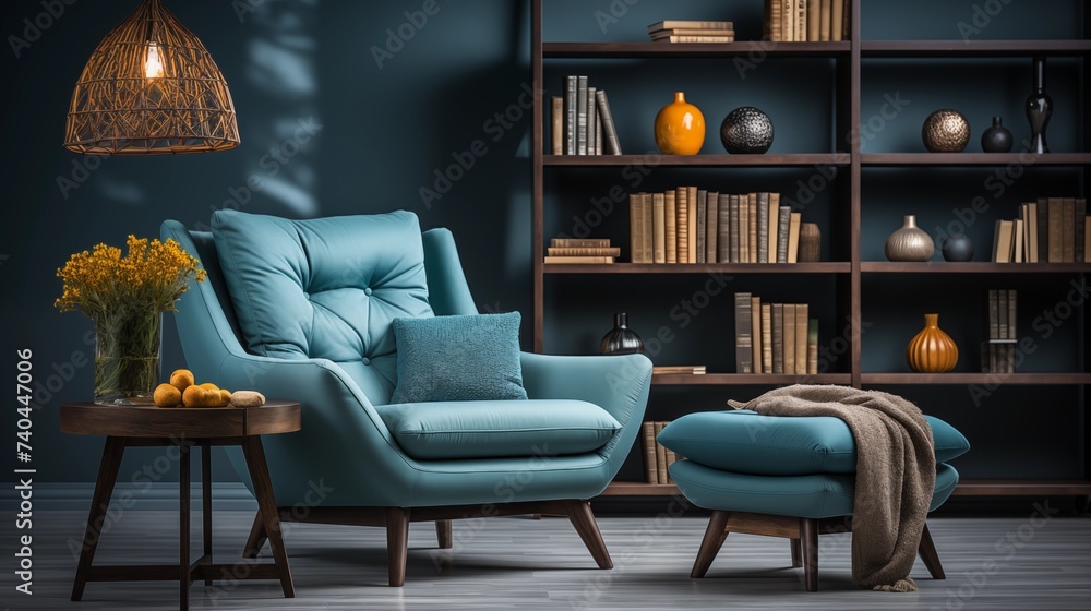 A cozy reading nook with gentle blue built-in bookshelves and a dark teal reading chair