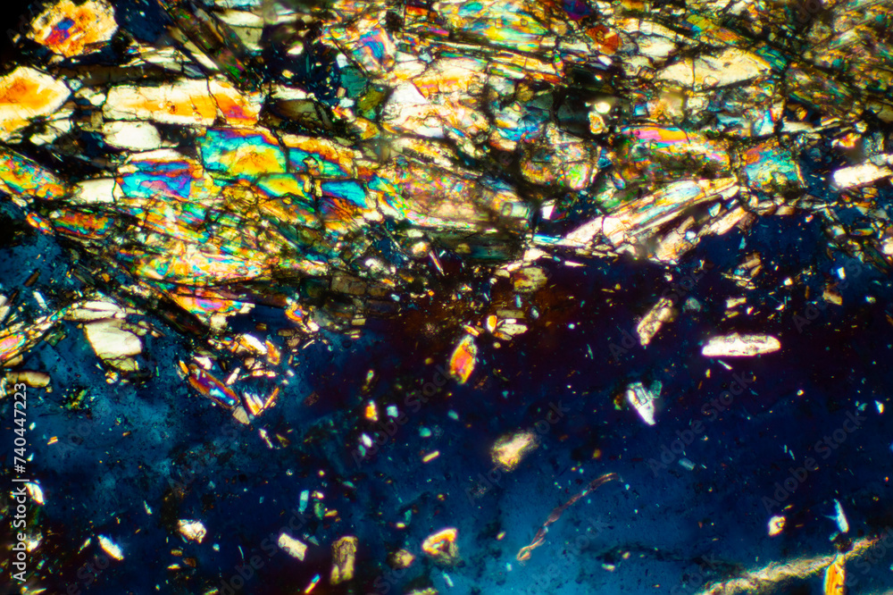 Fragments of stone from Milford, Connecticut, in a polarizing micrograph. Fragments of stone from Milford, Connecticut, in a polarizing micrograph.