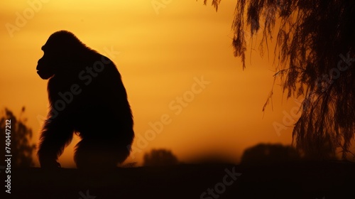 Silhouette of orangutan on sunset sky.