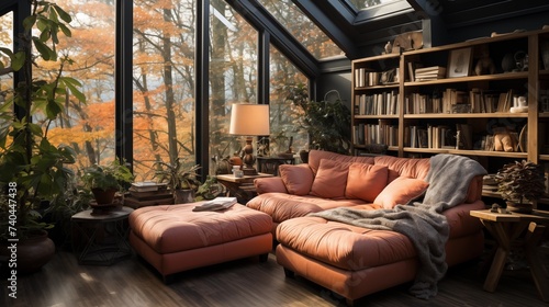 A cozy reading nook with light salmon built-in bookshelves and a mahogany reading chair © Ramzan