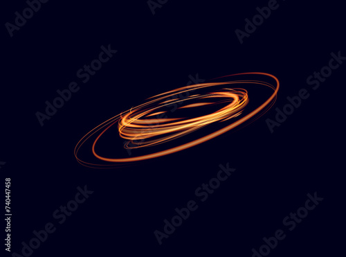 Magical light effect. Rotating luminous ellipses. Dynamic golden rings on black background.